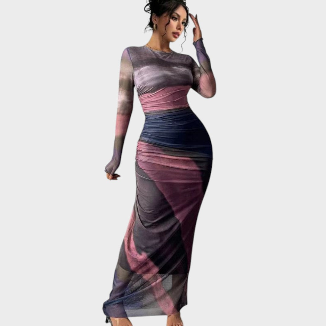 Amélia - Vestido maxi justo com mangas compridas